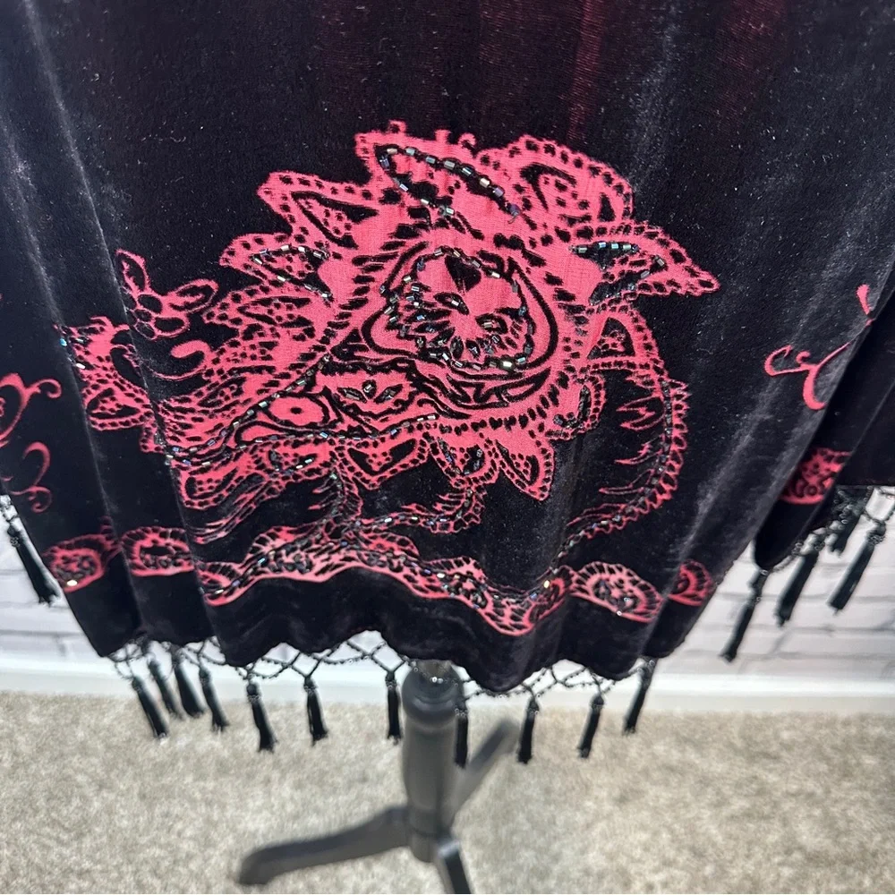 *Sold* Vtg MSK Silk Burnout Velvet Kimono Cardigan 1X Black Beaded Whimsygoth - Picture 4 of 8